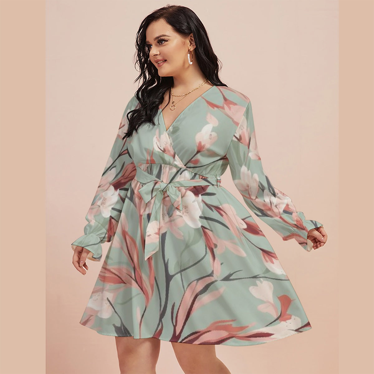 All-Over Print Women's V-neck Dress With Waistband(Plus Size)