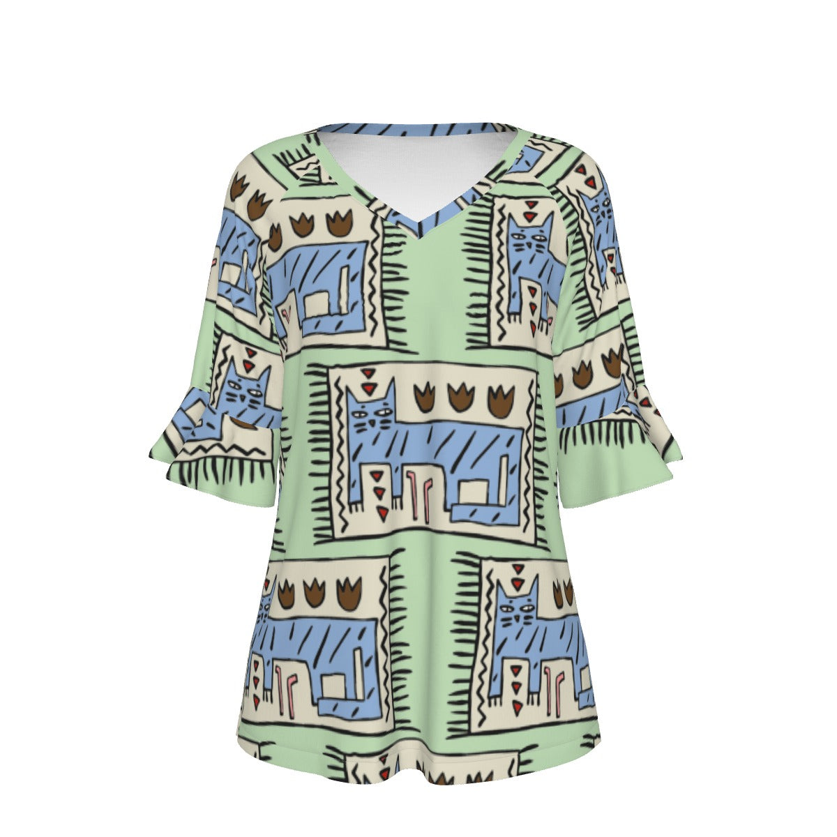 All-Over Print V-neck Women's T-shirt With Bell Sleeve