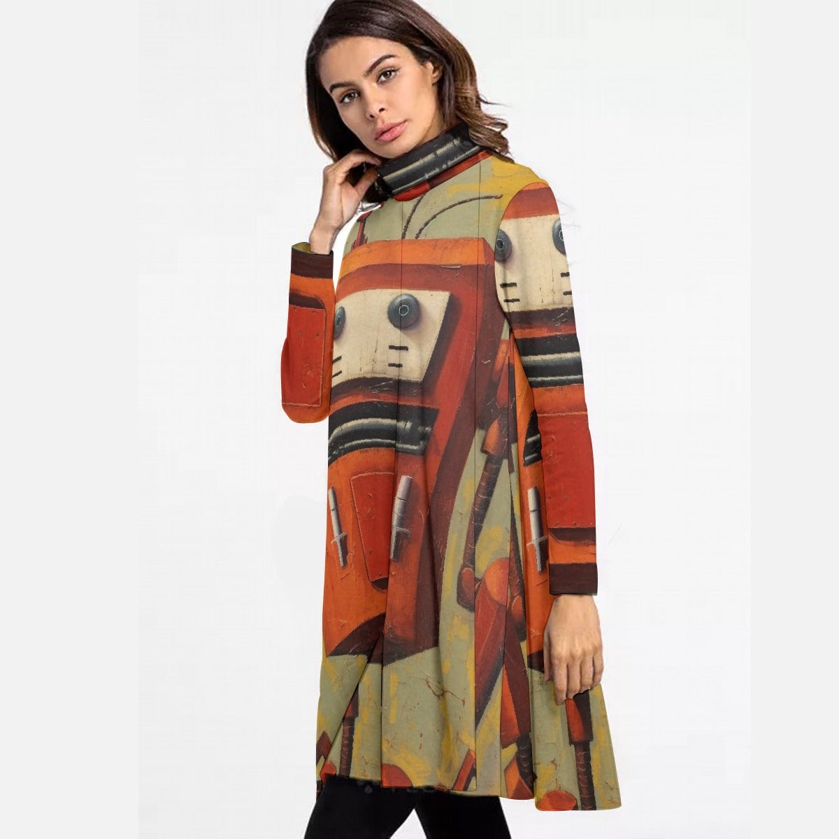 All-Over Print Women's High Neck Dress With Long Sleeve