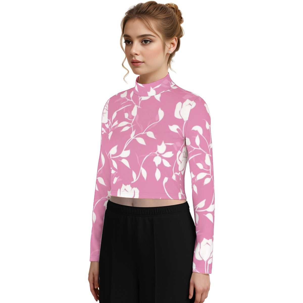 Eco-Friendly All-Over Print Women's Turtleneck T-shirt With Long Sleeve