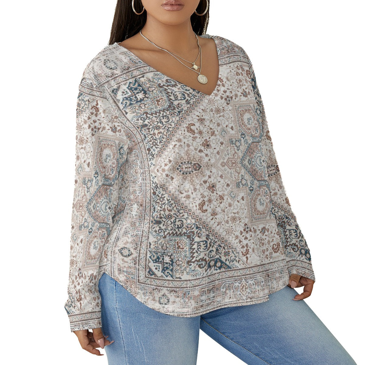 All-Over Print Women's V-neck T-shirt With Curved Hem(Plus Size)