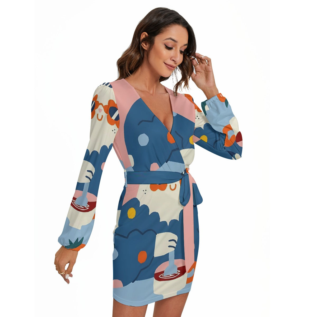 All-Over Print Women's Long Sleeve Dress With Waist Belt