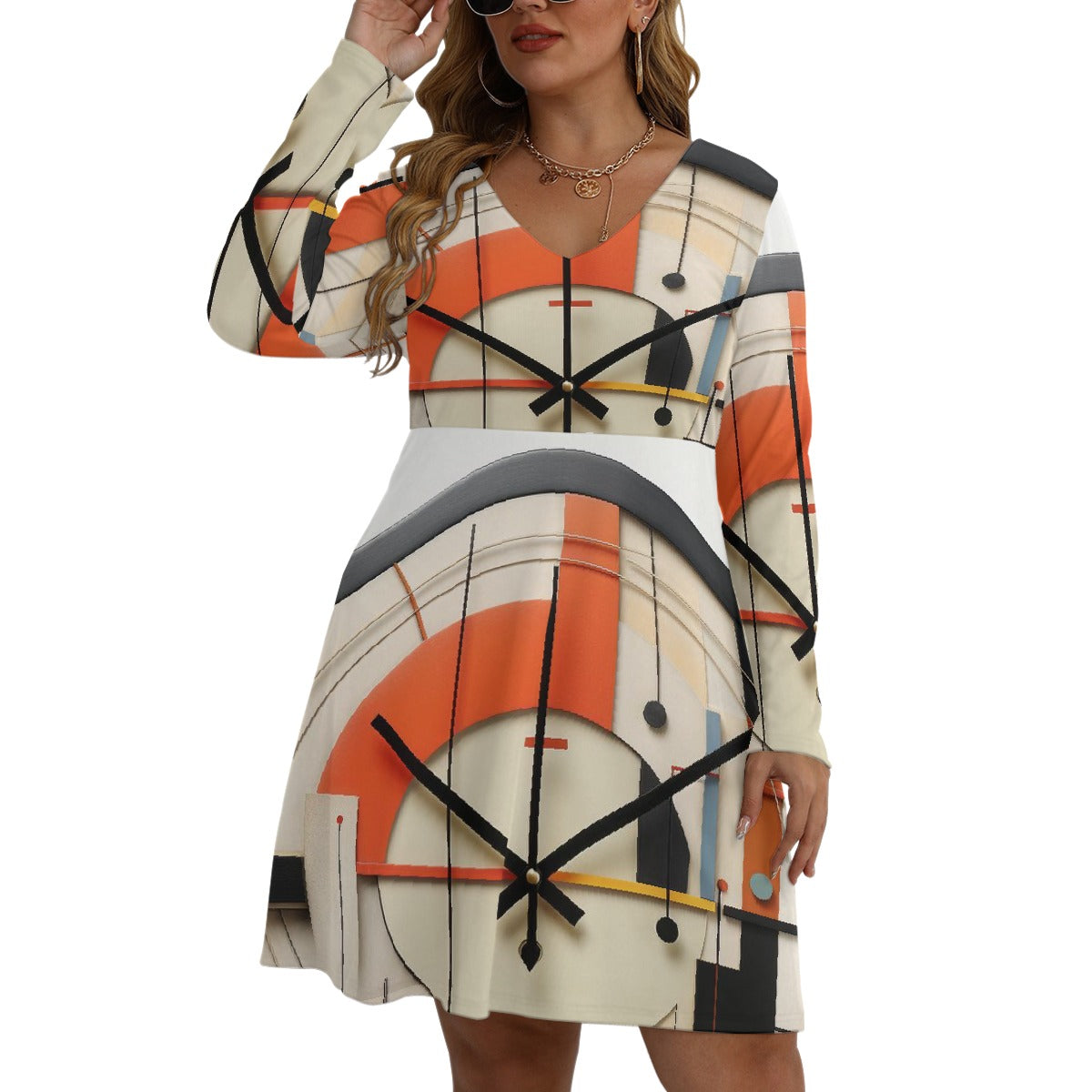 All-Over Print Women's V-neck Long Sleeve Dress(Plus Size)