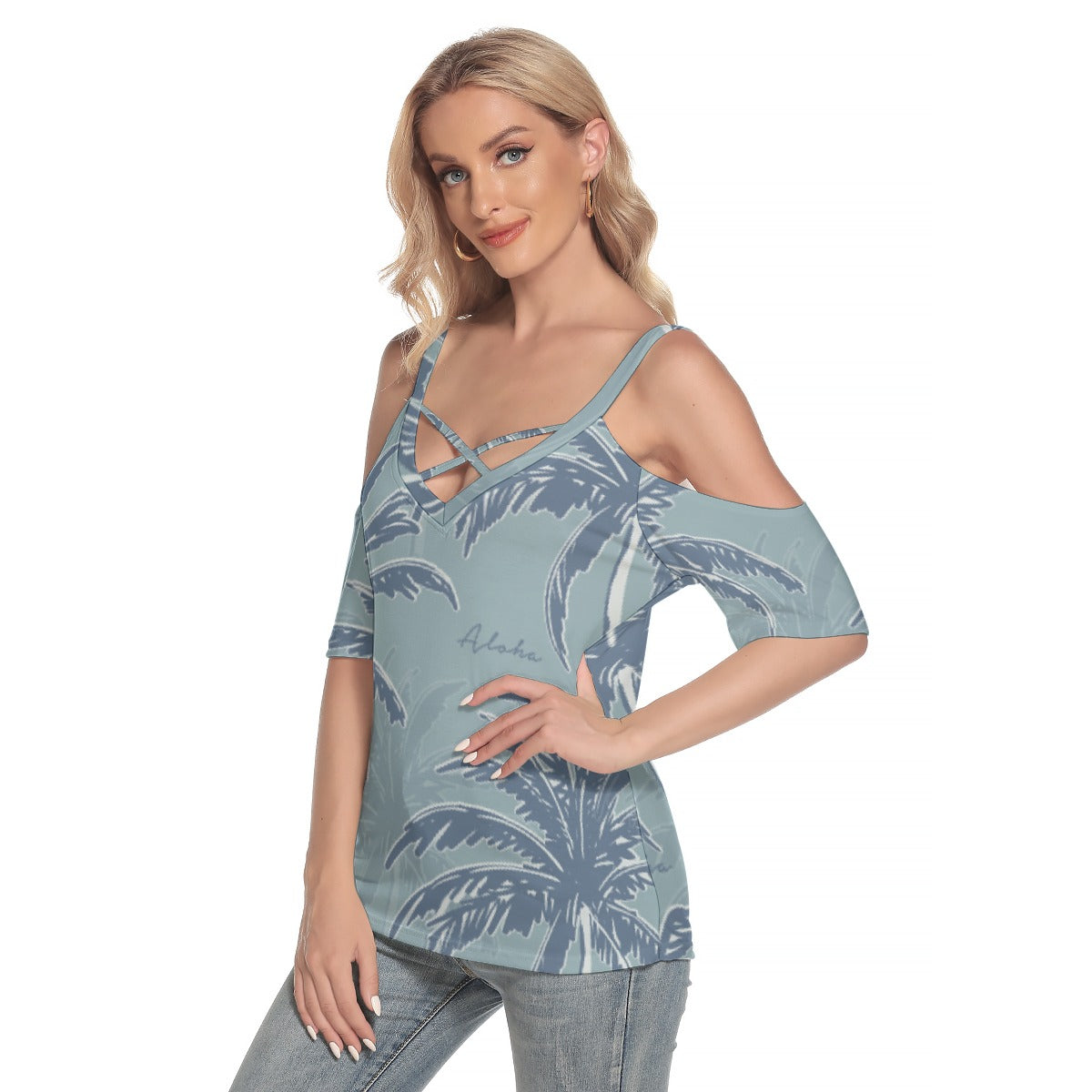 All-Over Print Women's Cold Shoulder T-shirt With Criss Cross Strips