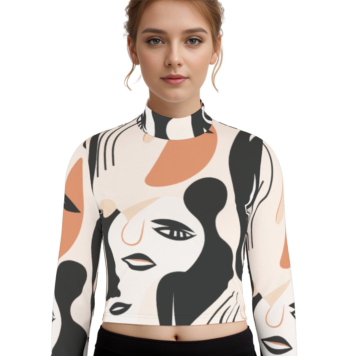 Eco-Friendly All-Over Print Women's Turtleneck T-shirt With Long Sleeve