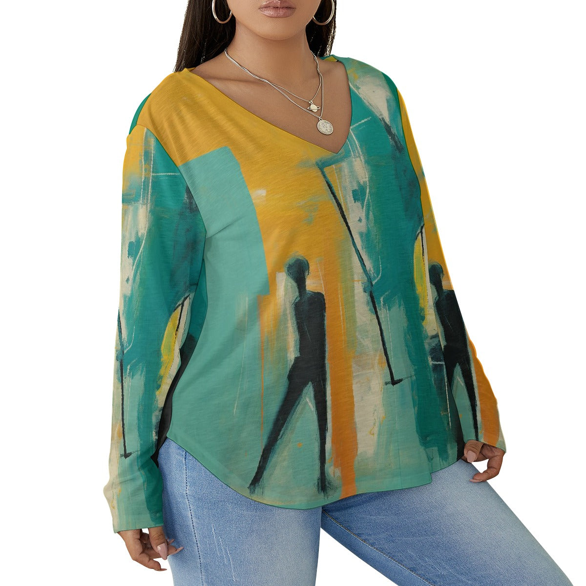 All-Over Print Women's V-neck T-shirt With Curved Hem(Plus Size)