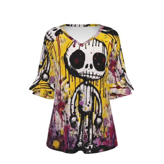 All-Over Print V-neck Women's T-shirt With Bell Sleeve