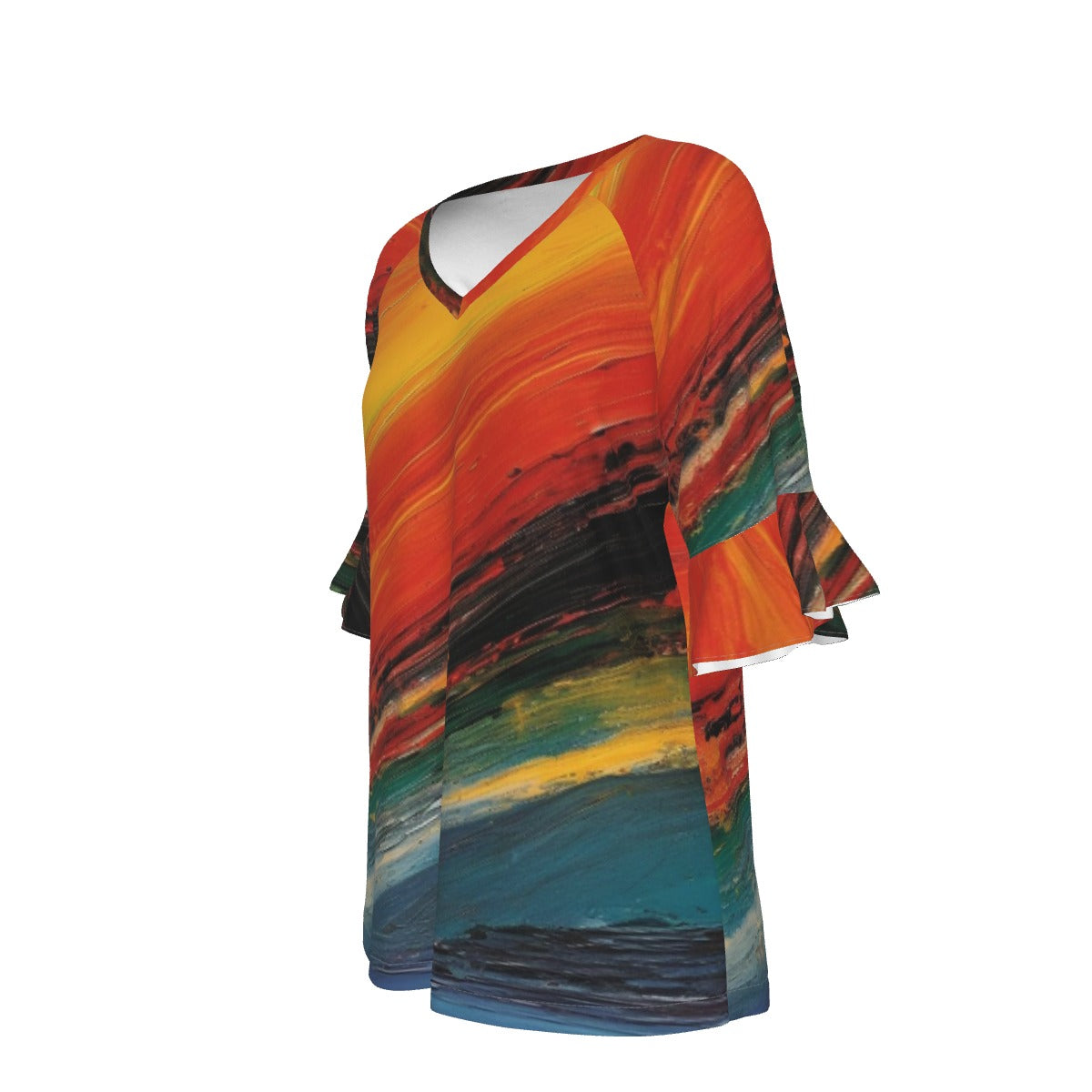 All-Over Print V-neck Women's T-shirt With Bell Sleeve