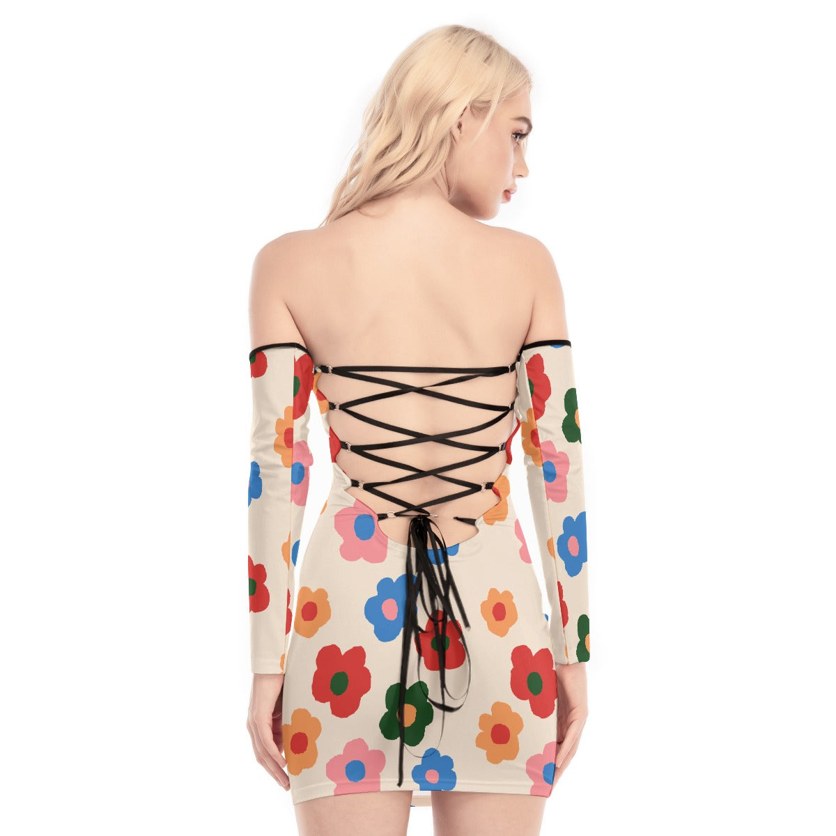 All-Over Print Women's Off-shoulder Back Lace-up Dress