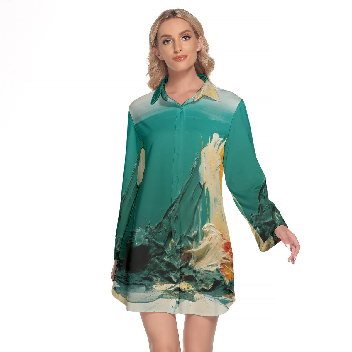 All-Over Print Women's Lapel Shirt Dress With Long Sleeve