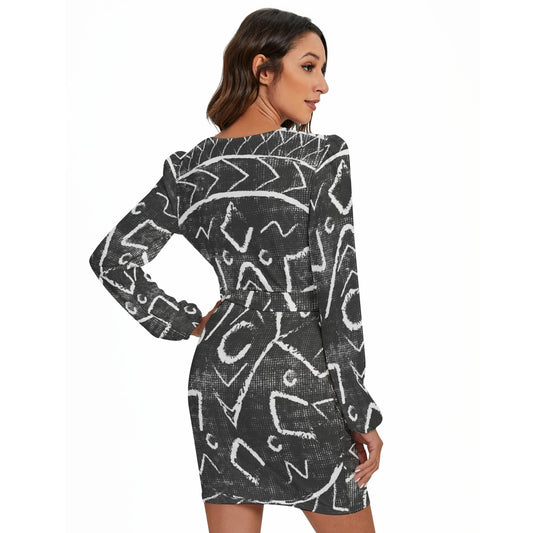 All-Over Print Women's Long Sleeve Dress With Waist Belt