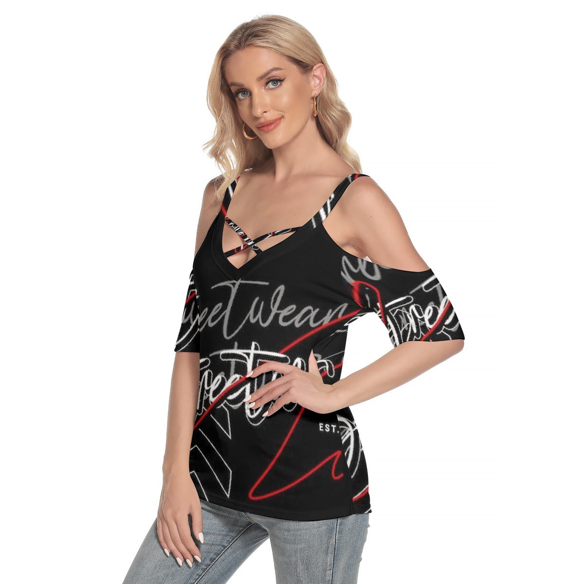 All-Over Print Women's Cold Shoulder T-shirt With Criss Cross Strips