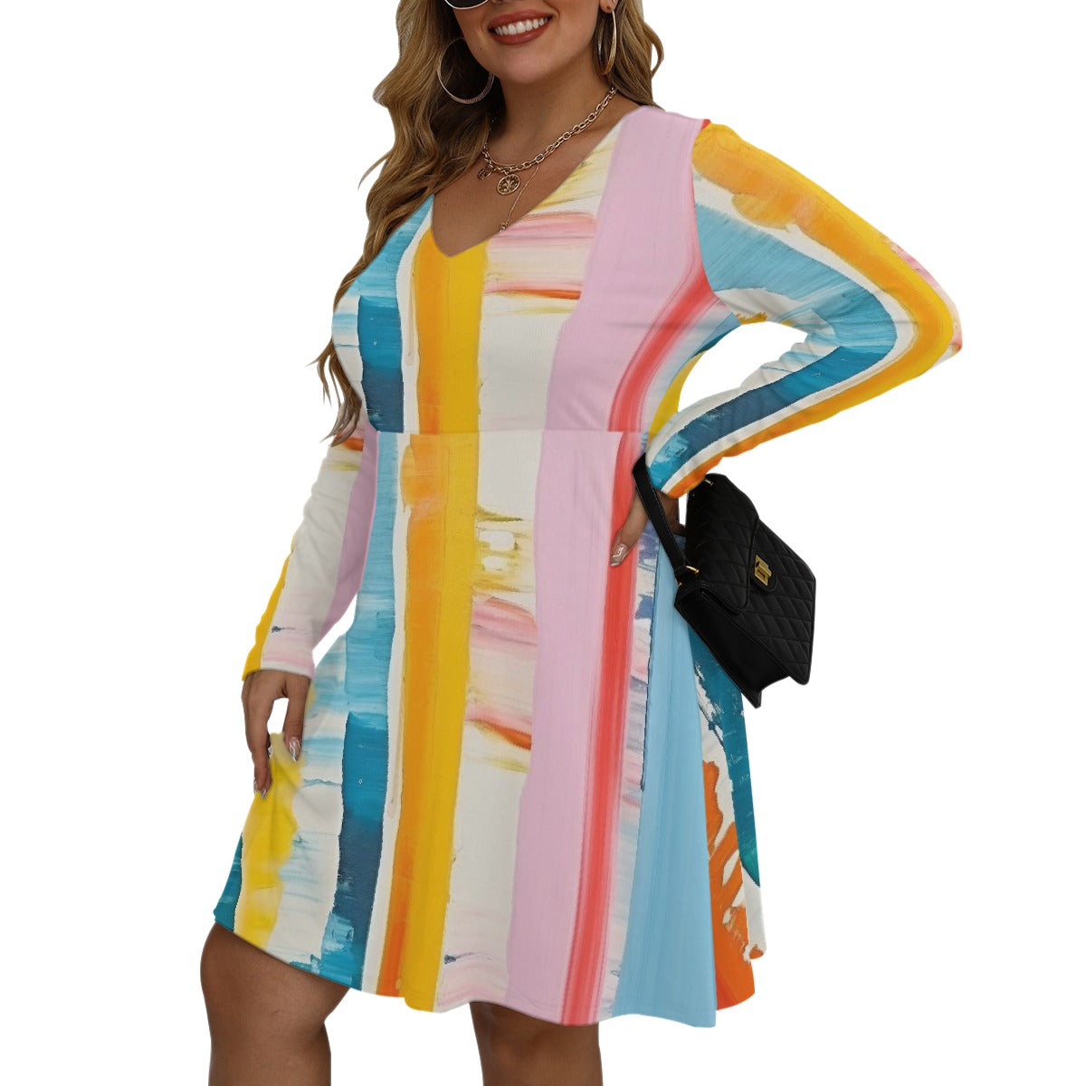 All-Over Print Women's V-neck Long Sleeve Dress(Plus Size)