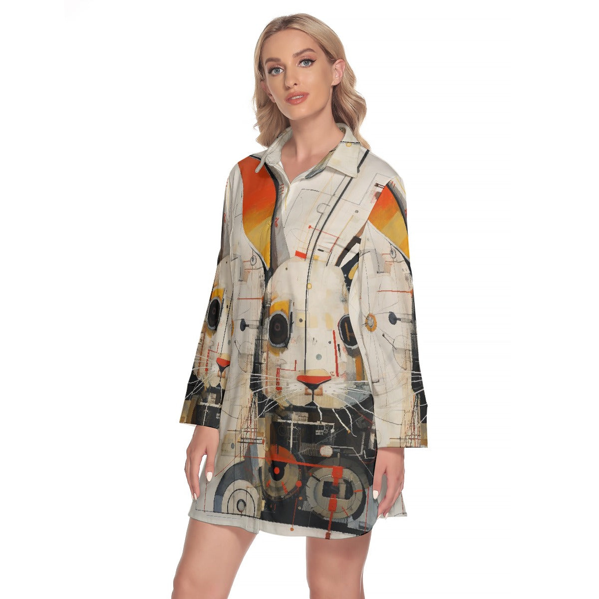 All-Over Print Women's Lapel Shirt Dress With Long Sleeve