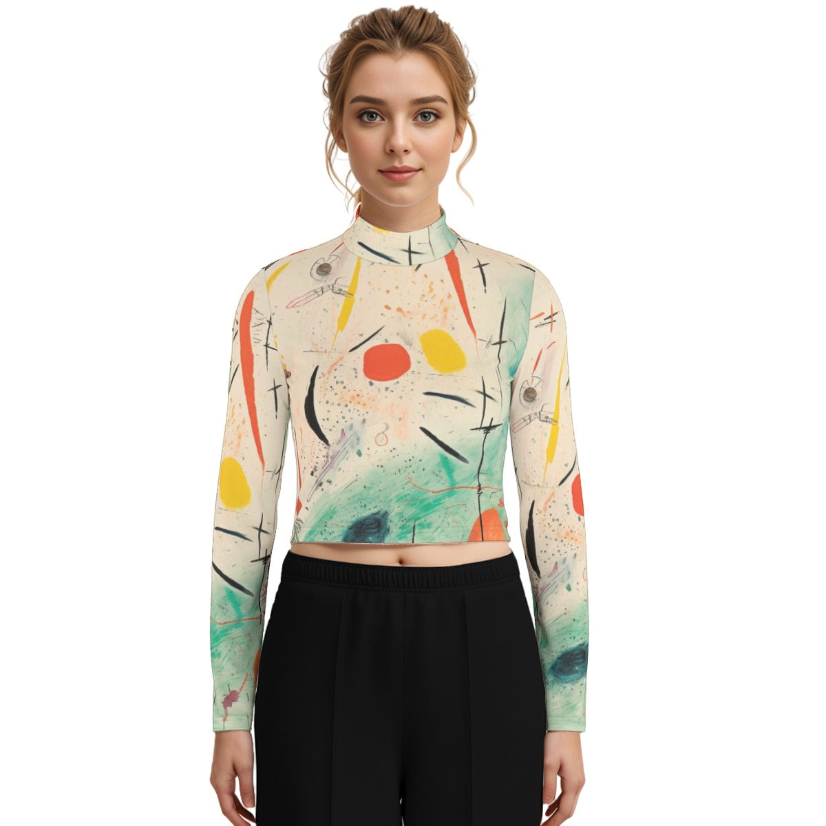 Eco-Friendly All-Over Print Women's Turtleneck T-shirt With Long Sleeve