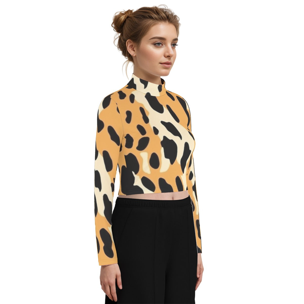 Eco-Friendly All-Over Print Women's Turtleneck T-shirt With Long Sleeve