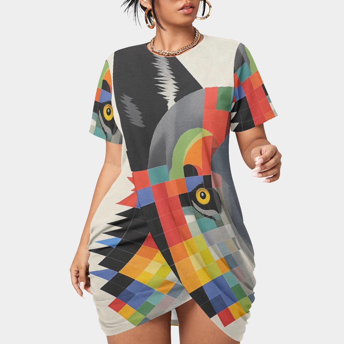 All-Over Print Women’s Stacked Hem Dress With Short Sleeve（Plus Size）