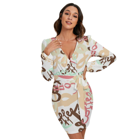 All-Over Print Women's Long Sleeve Dress With Waist Belt