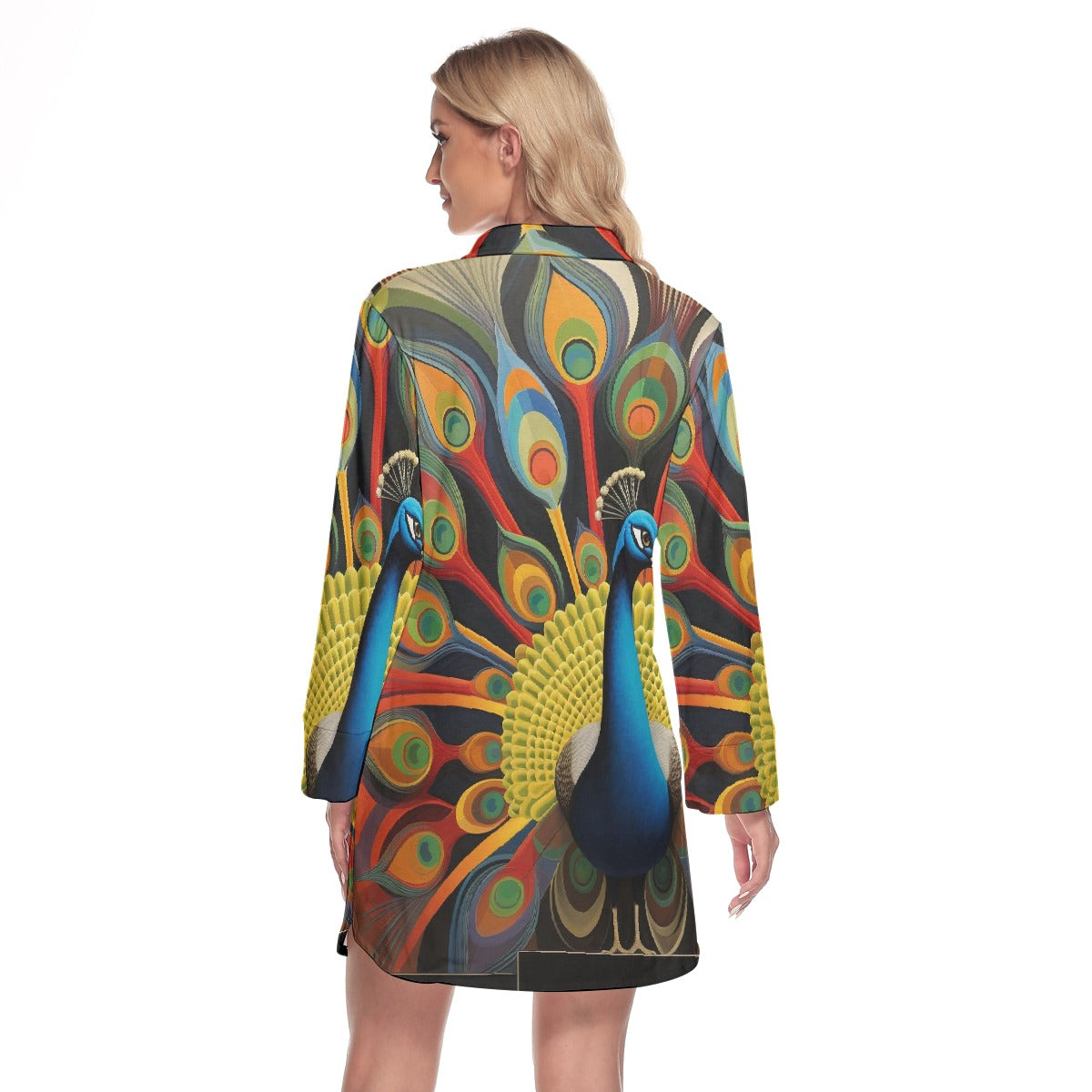 All-Over Print Women's Lapel Shirt Dress With Long Sleeve