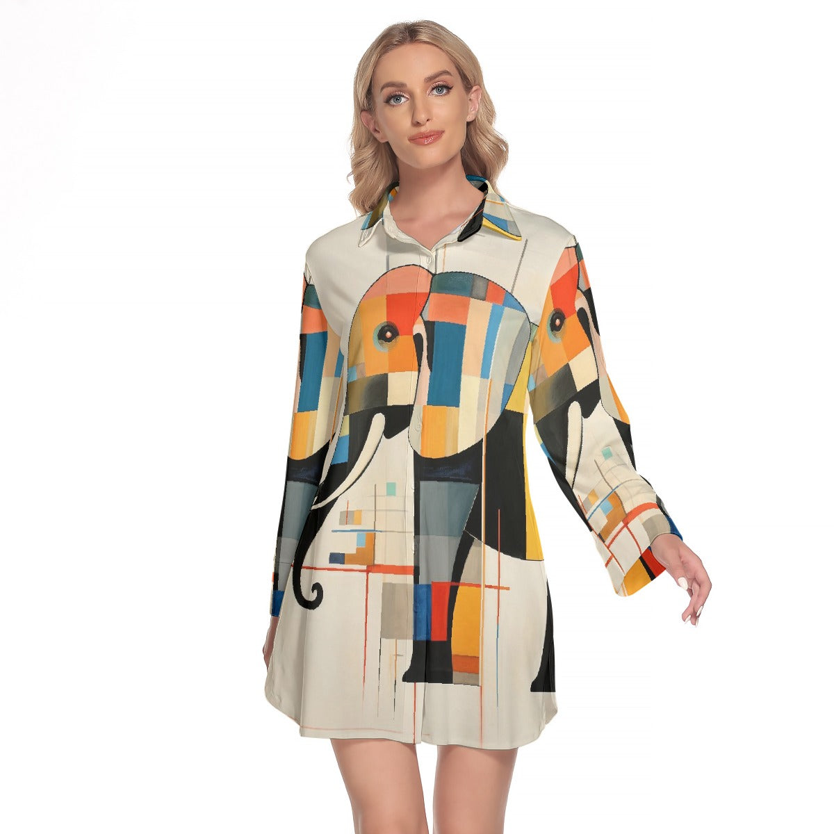 All-Over Print Women's Lapel Shirt Dress With Long Sleeve