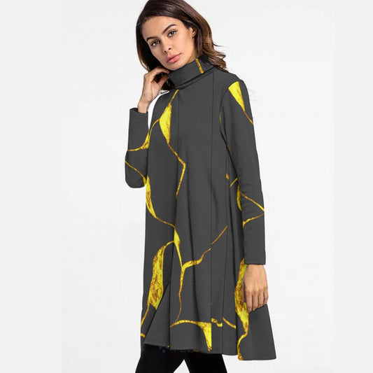 All-Over Print Women's High Neck Dress With Long Sleeve