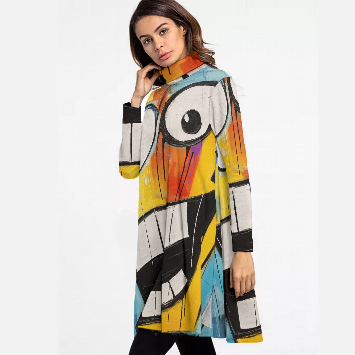 All-Over Print Women's High Neck Dress With Long Sleeve