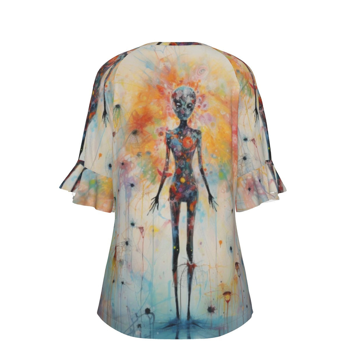 All-Over Print V-neck Women's T-shirt With Bell Sleeve