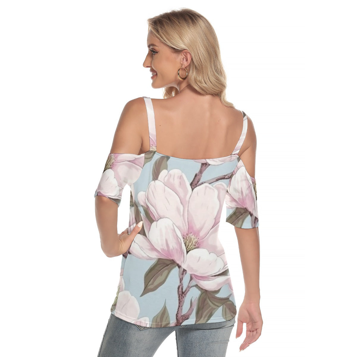 All-Over Print Women's Cold Shoulder T-shirt With Criss Cross Strips