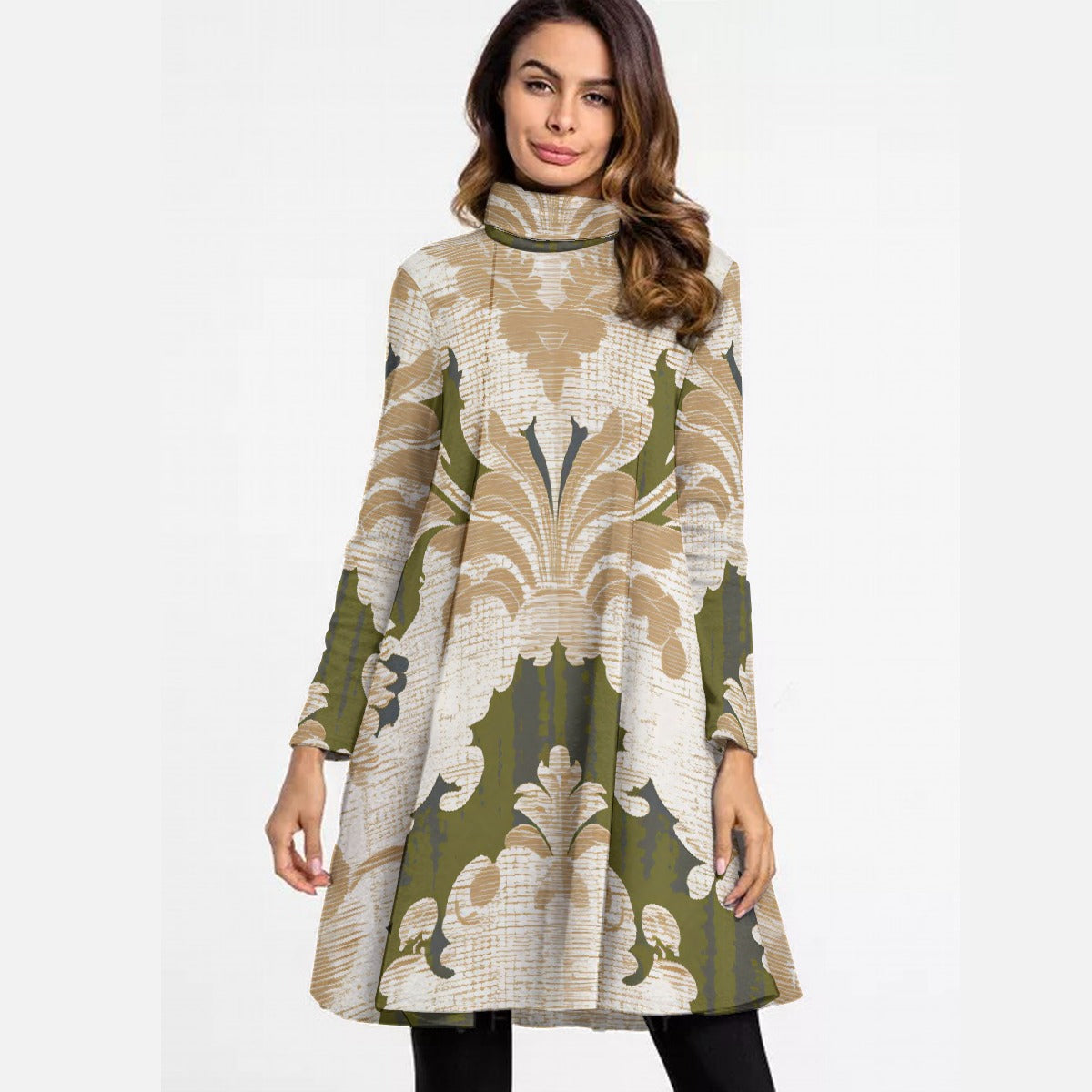 All-Over Print Women's High Neck Dress With Long Sleeve