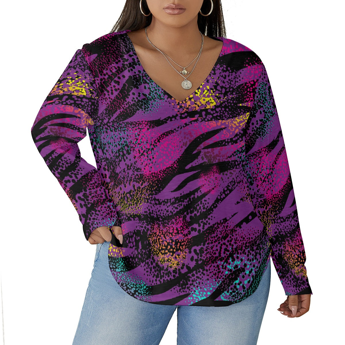 All-Over Print Women's V-neck T-shirt With Curved Hem(Plus Size)