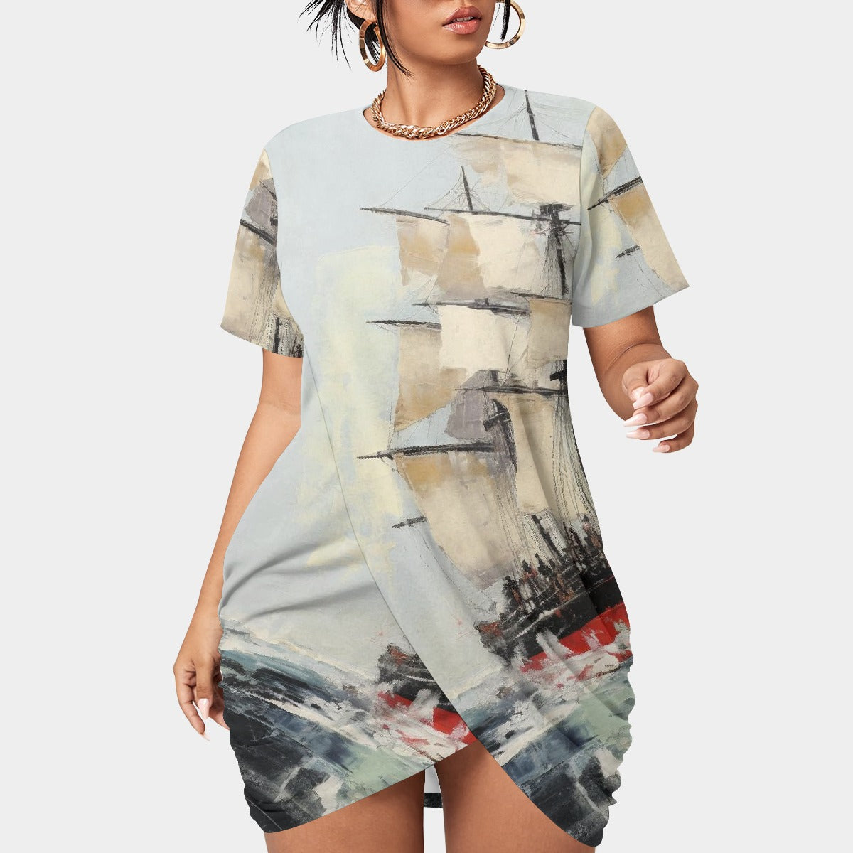 All-Over Print Women’s Stacked Hem Dress With Short Sleeve（Plus Size）