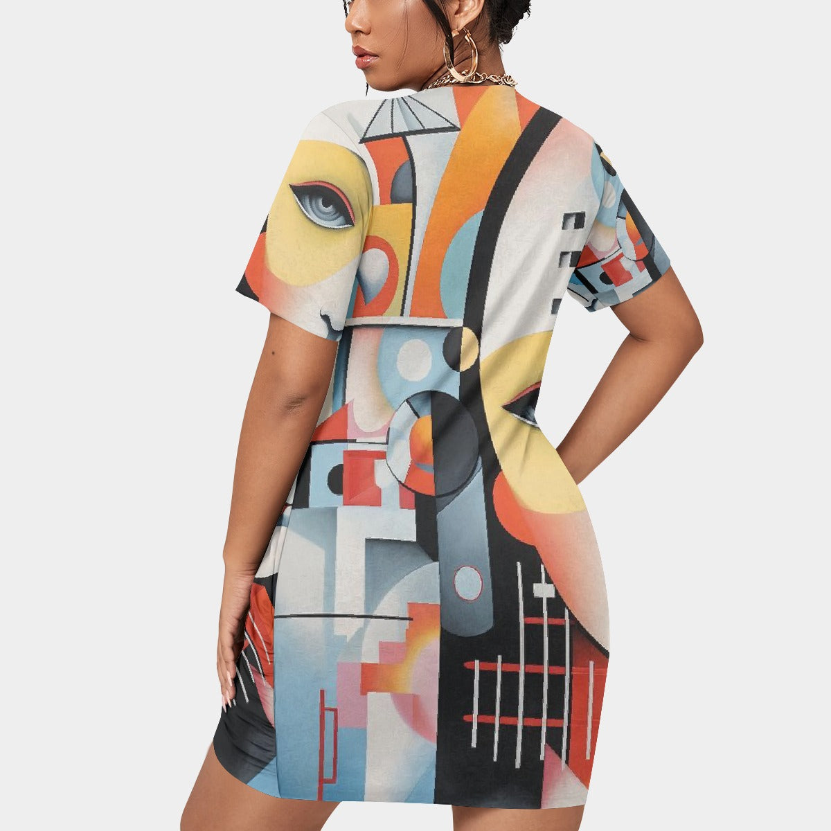 All-Over Print Women’s Stacked Hem Dress With Short Sleeve（Plus Size）