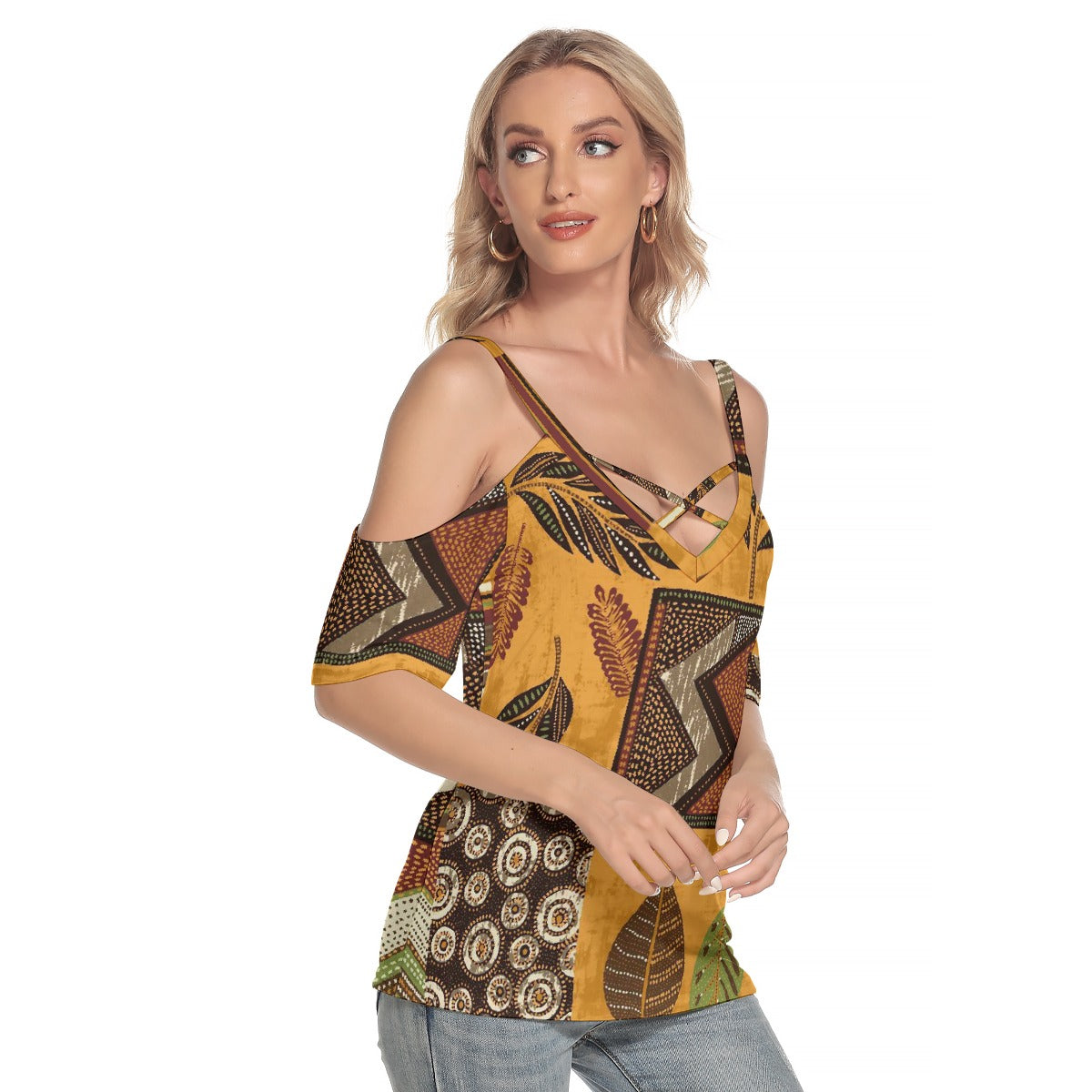 All-Over Print Women's Cold Shoulder T-shirt With Criss Cross Strips