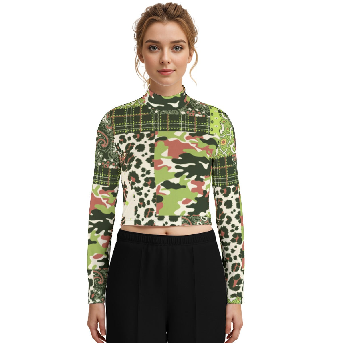 Eco-Friendly All-Over Print Women's Turtleneck T-shirt With Long Sleeve