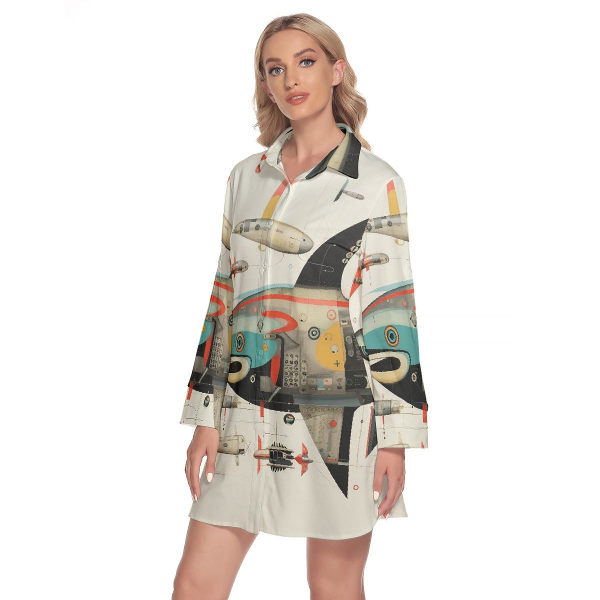 All-Over Print Women's Lapel Shirt Dress With Long Sleeve