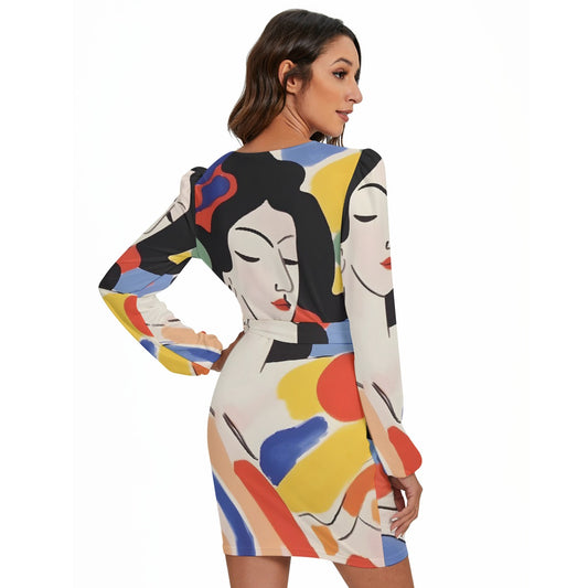 All-Over Print Women's Long Sleeve Dress With Waist Belt