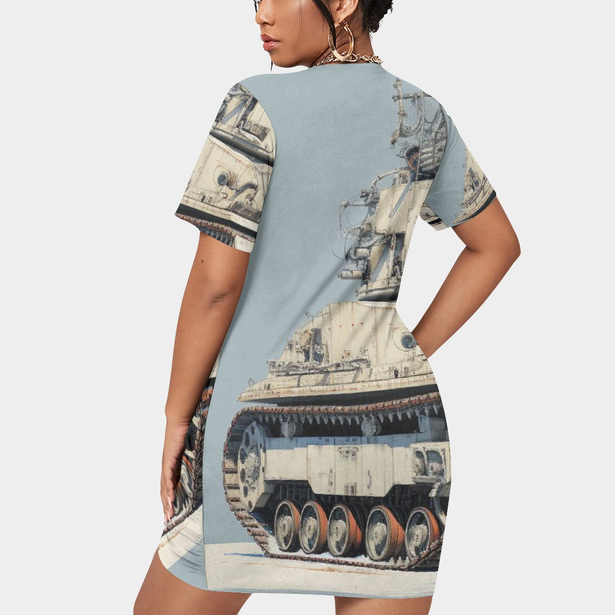 All-Over Print Women’s Stacked Hem Dress With Short Sleeve（Plus Size）