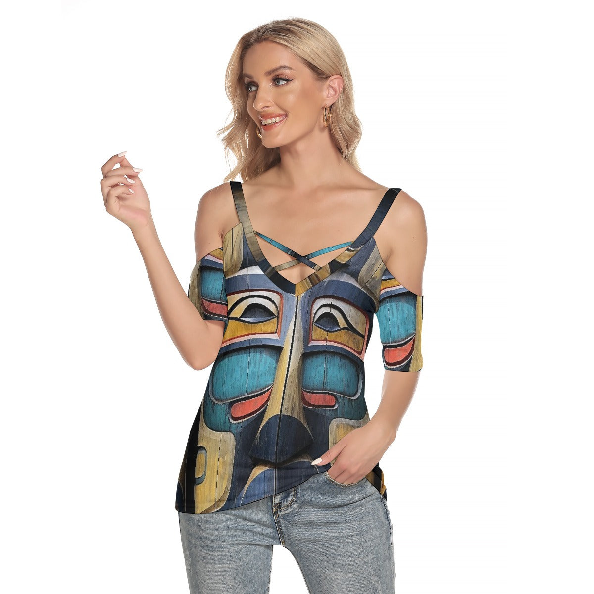 All-Over Print Women's Cold Shoulder T-shirt With Criss Cross Strips