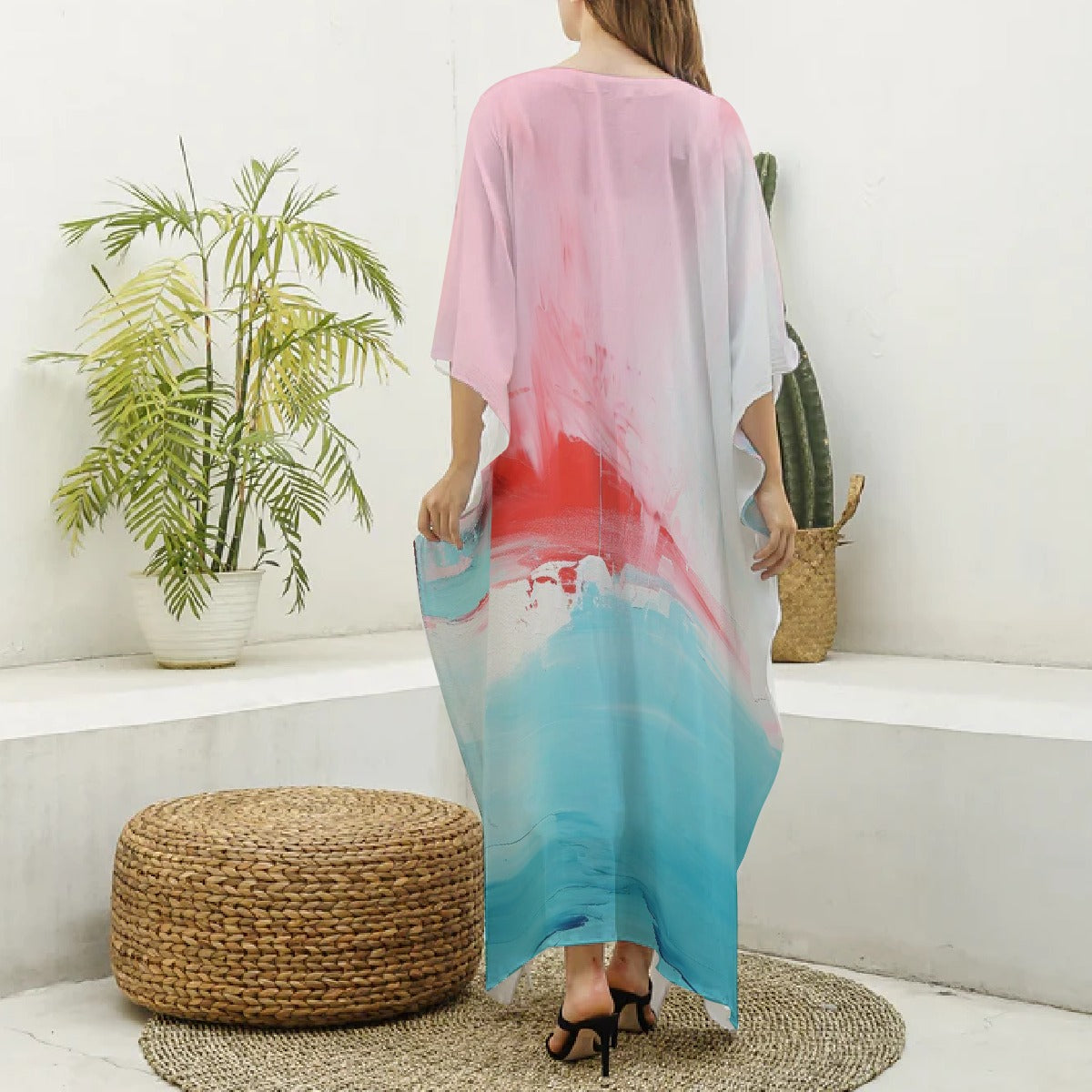 All-Over Print Women's Imitation Silk V-neck Kaftan Robe