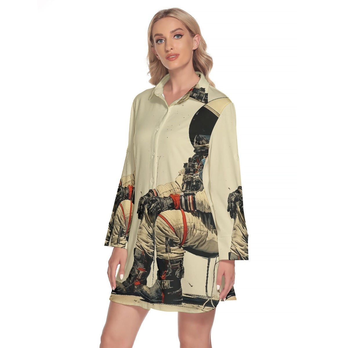 All-Over Print Women's Lapel Shirt Dress With Long Sleeve