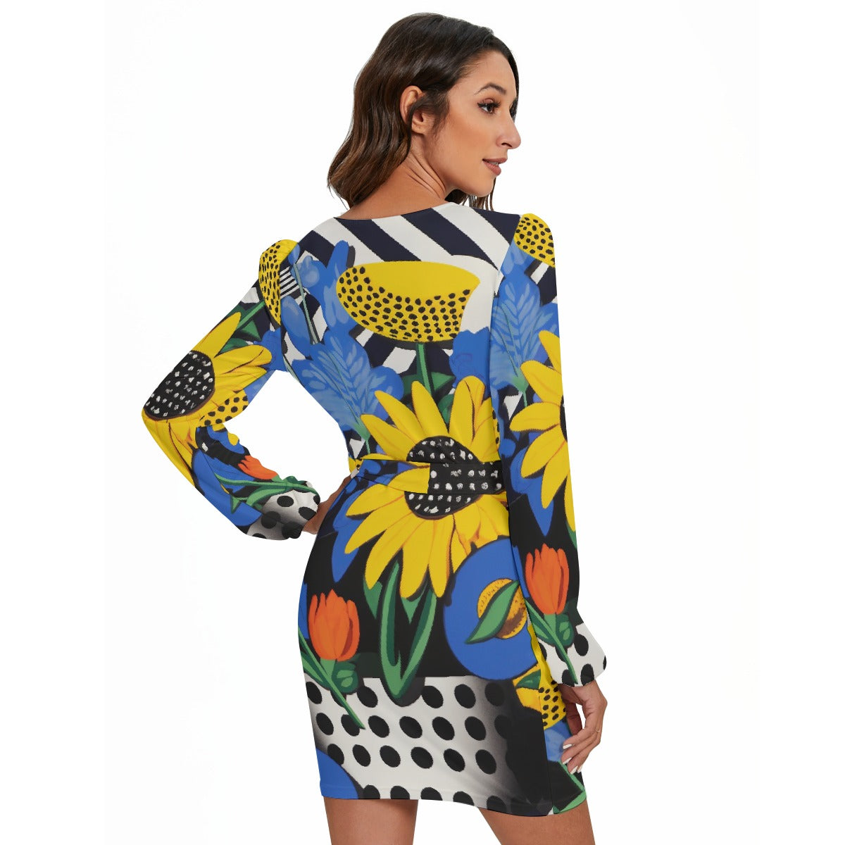 All-Over Print Women's Long Sleeve Dress With Waist Belt