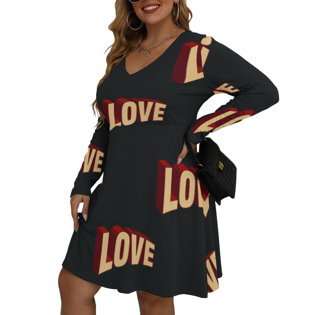 All-Over Print Women's V-neck Long Sleeve Dress(Plus Size)