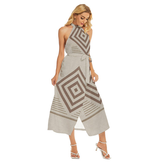 All-Over Print Women's Wrap Hem Belted Halter Dress