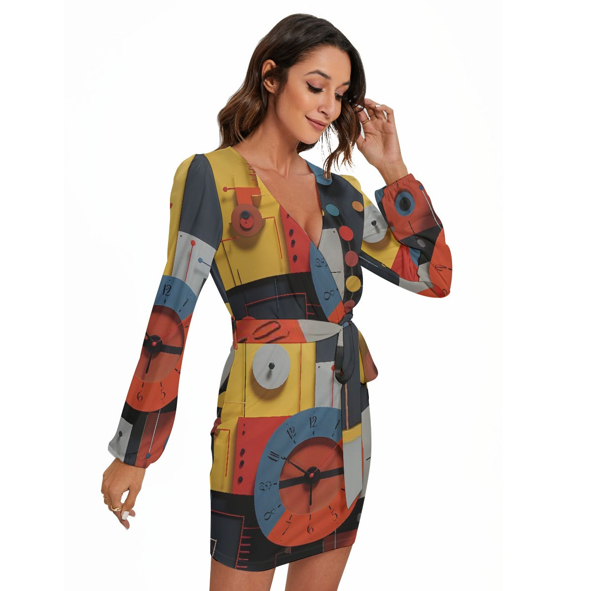 All-Over Print Women's Long Sleeve Dress With Waist Belt