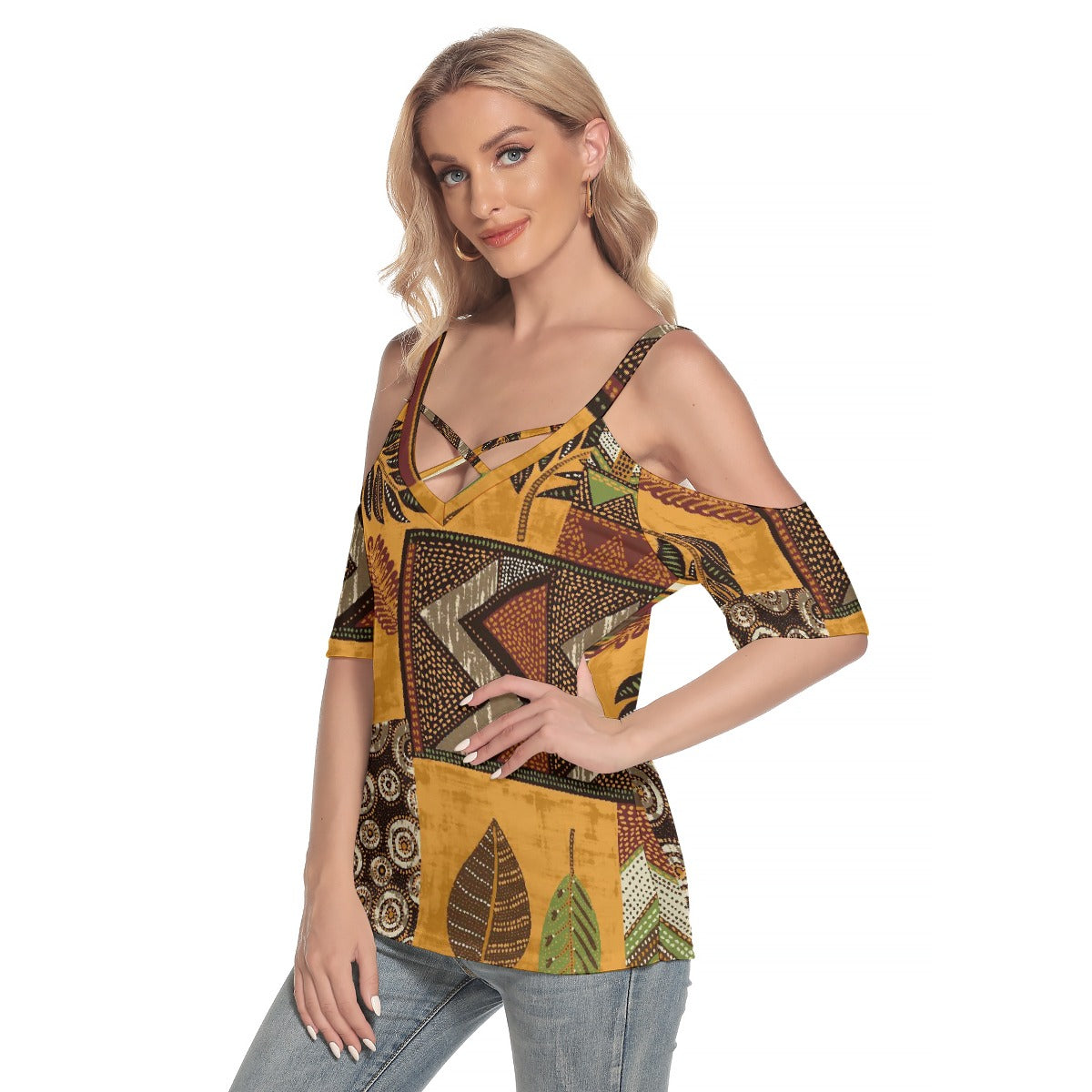 All-Over Print Women's Cold Shoulder T-shirt With Criss Cross Strips