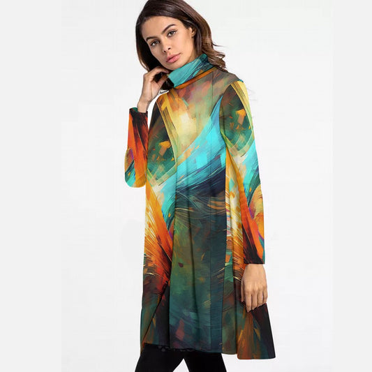 All-Over Print Women's High Neck Dress With Long Sleeve