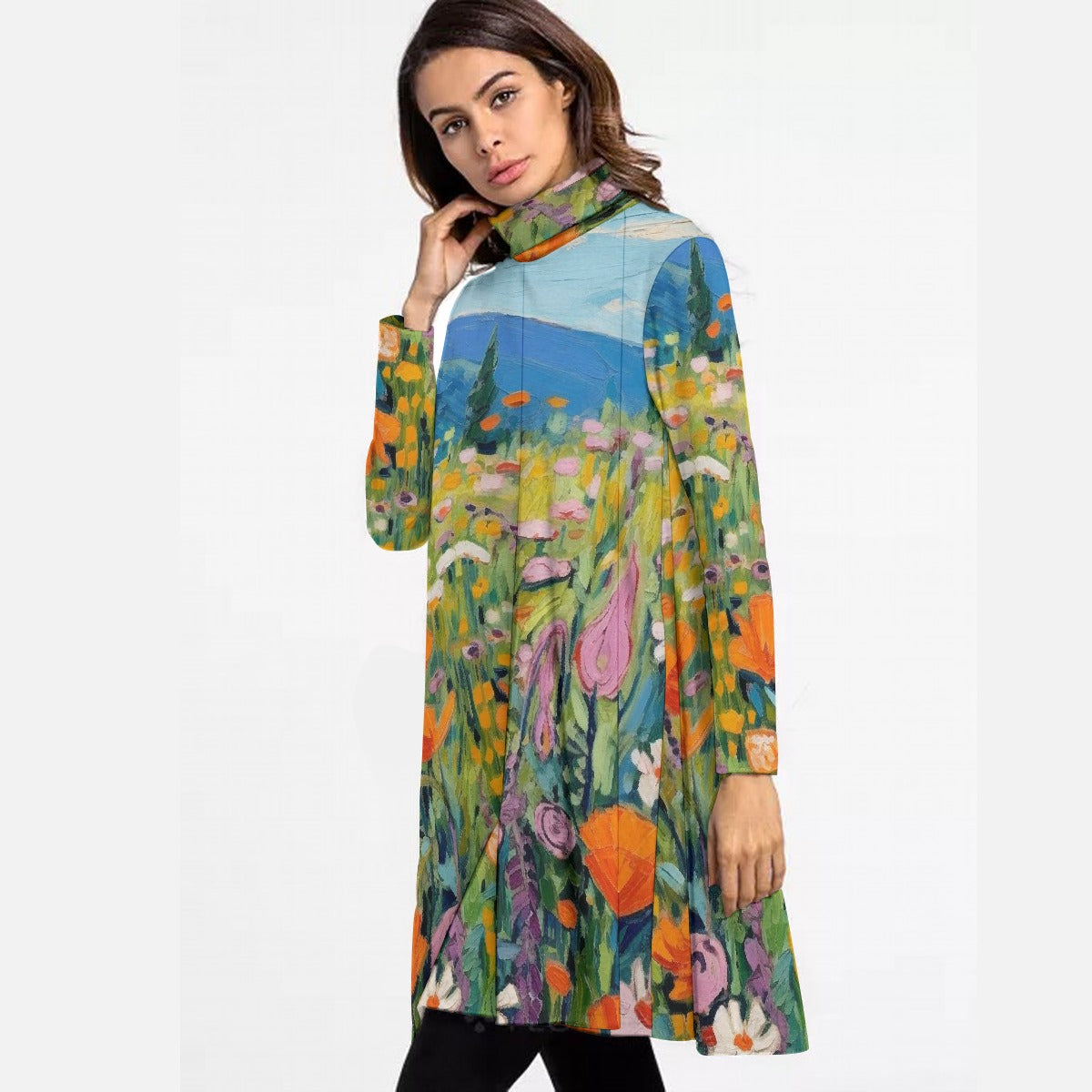 All-Over Print Women's High Neck Dress With Long Sleeve