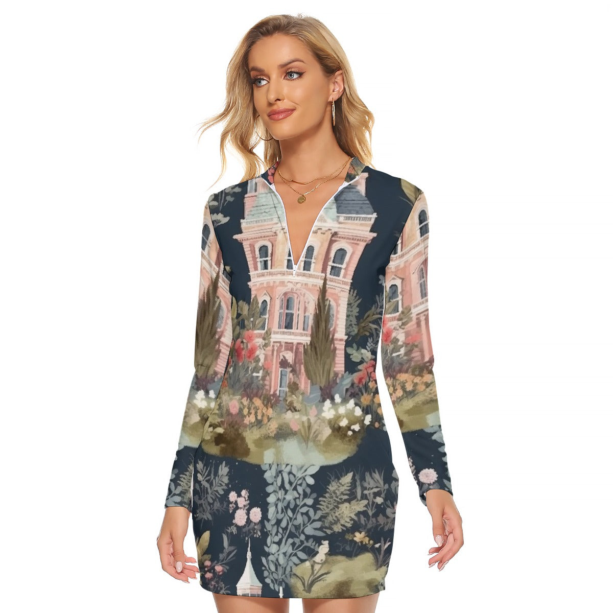 All-Over Print Women's Zip Front Tight Dress