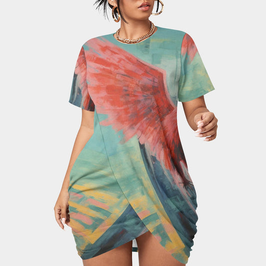 All-Over Print Women’s Stacked Hem Dress With Short Sleeve（Plus Size）