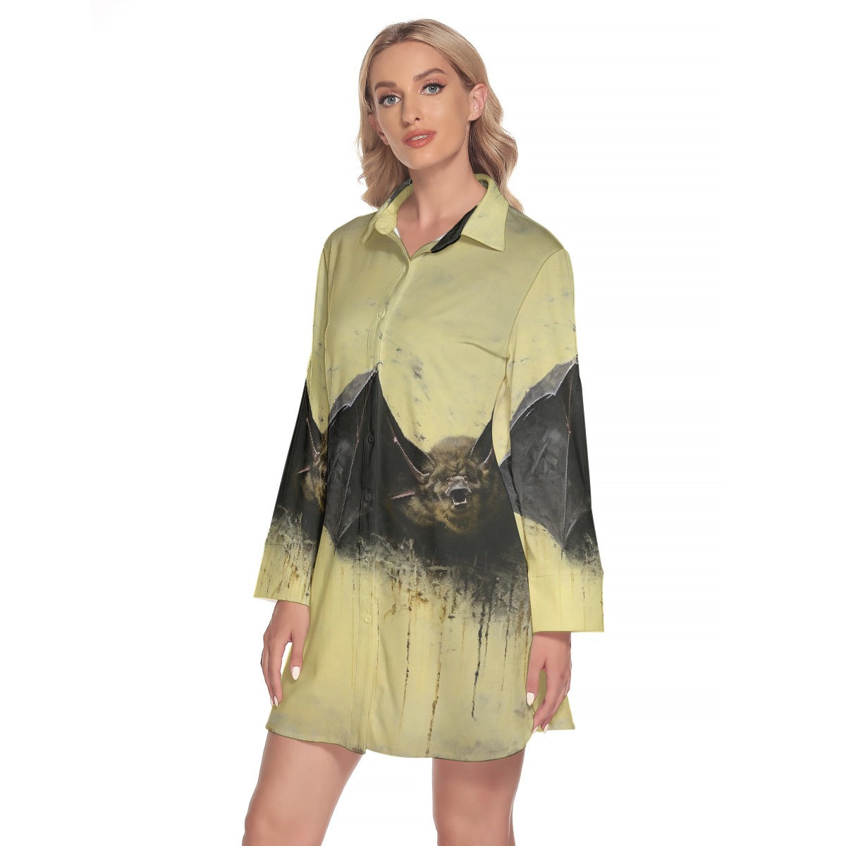 All-Over Print Women's Lapel Shirt Dress With Long Sleeve